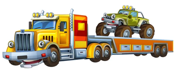 Cartoon Scene Met Sleepwagen Rijden Met Lading Andere Auto Geïsoleerde — Stockfoto