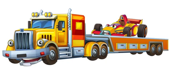 子供のための負荷他の車の隔離されたイラストと牽引トラックの運転と漫画シーン — ストック写真