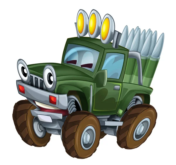 Karikatura Šťastný Zábavný Road Vojenský Truck Vypadá Jako Monster Truck — Stock fotografie
