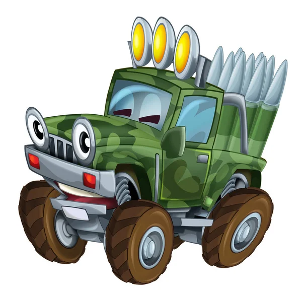 Cartoon Happy Funny Road Military Truck Looking Monster Truck Bullets — Stock Photo, Image