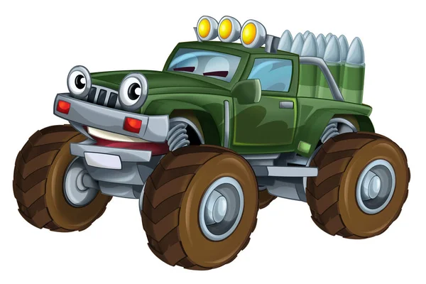 Cartoon Happy Funny Road Military Truck Looking Monster Truck Bullets — Stock Photo, Image