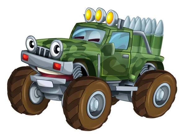 Rajzfilm Boldog Vicces Road Katonai Teherautó Néz Mint Monster Truck — Stock Fotó