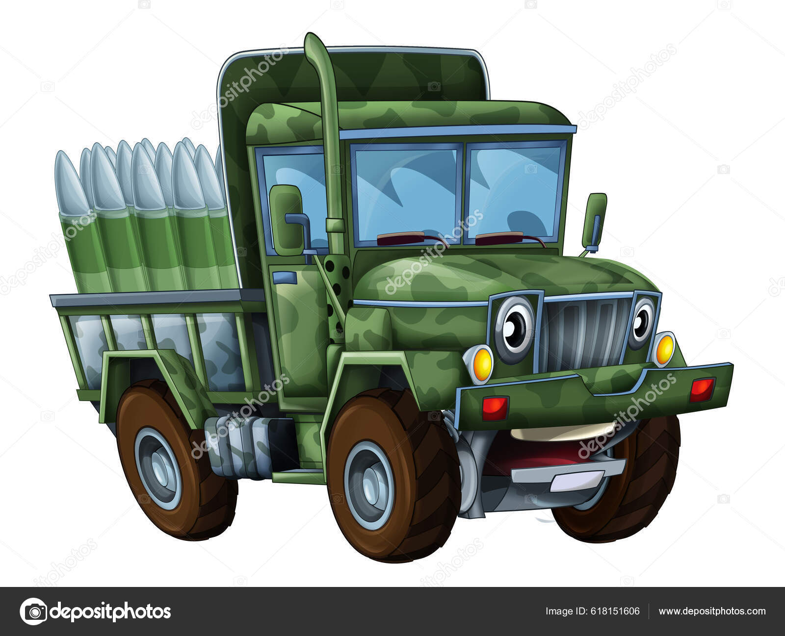 Мультфильм Счастливый Смешной Вне Дороги Военный Грузовик Выглядит.