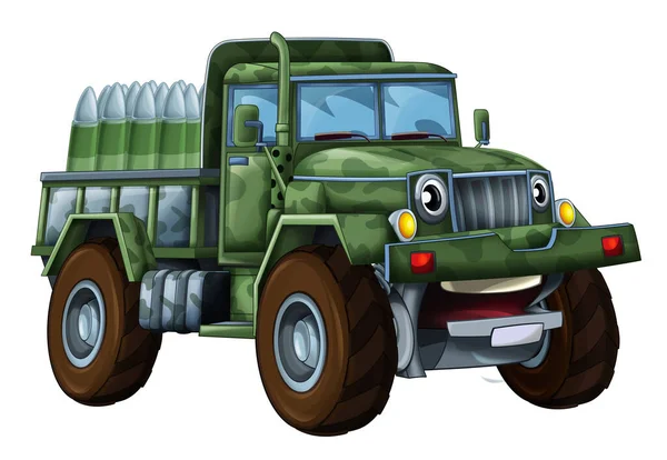 Karikatura Šťastný Zábavný Road Vojenský Truck Vypadá Jako Monster Truck — Stock fotografie