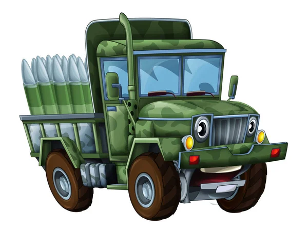 弾丸搭載のモンスタートラックのように見える道路軍用トラックから漫画幸せと面白い子供のための車の孤立イラスト笑顔 — ストック写真