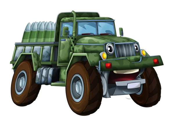 卡通片喜形于色的越野车看起来像一辆装有子弹的怪物卡车弹药微笑的车辆 为孩子们提供了一个孤立的例证 — 图库照片