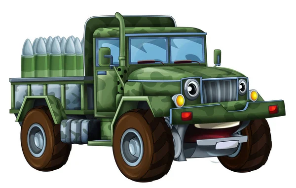 弾丸搭載のモンスタートラックのように見える道路軍用トラックから漫画幸せと面白い子供のための車の孤立イラスト笑顔 — ストック写真