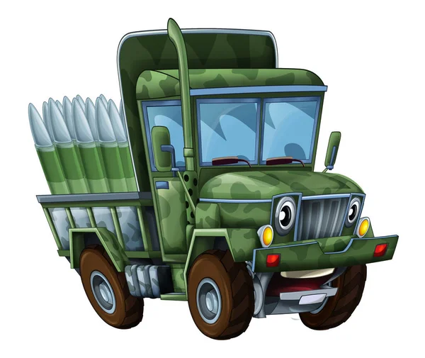 Cartoon Gelukkig Grappig Road Militaire Vrachtwagen Zoek Als Monster Truck — Stockfoto