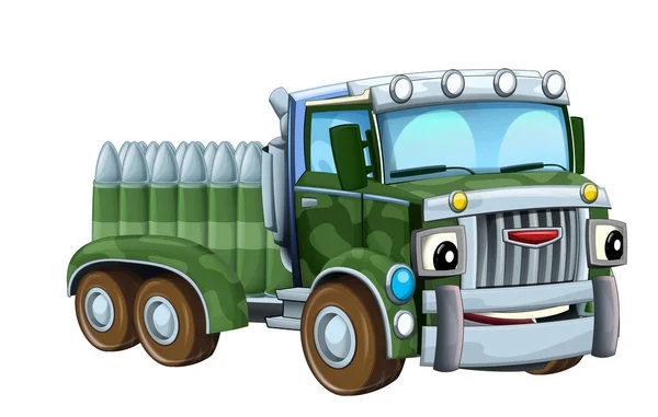 Kreskówka Szczęśliwy Zabawny Road Wojskowy Samochód Ciężarowy Ładunku Izolowane Ilustracji — Zdjęcie stockowe