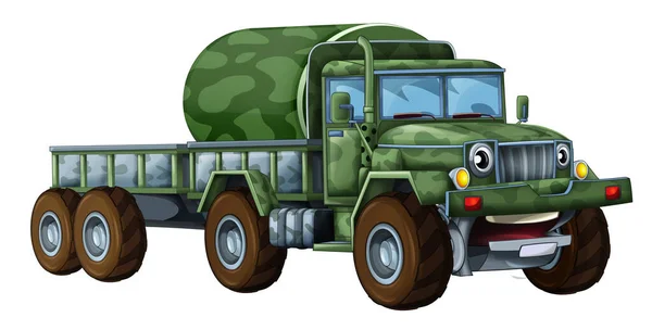 Tegneserie Glad Sjov Road Militær Lastbil Køretøj Med Last Isoleret - Stock-foto