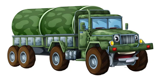 Cartone Animato Felice Divertente Fuoristrada Veicolo Militare Camion Con Carico — Foto Stock