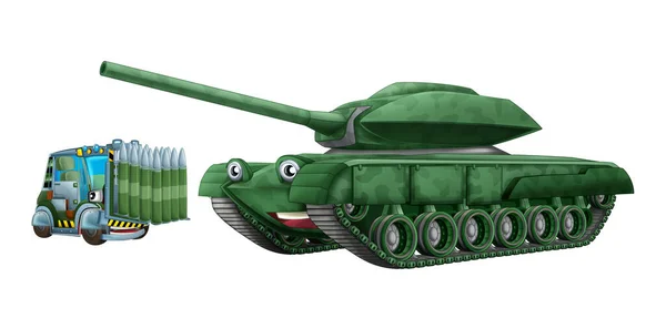 Kreskówka Szczęśliwy Zabawny Ciężki Pojazd Wojskowy Zbiornik Ładunkiem Izolowane Ilustracji — Zdjęcie stockowe