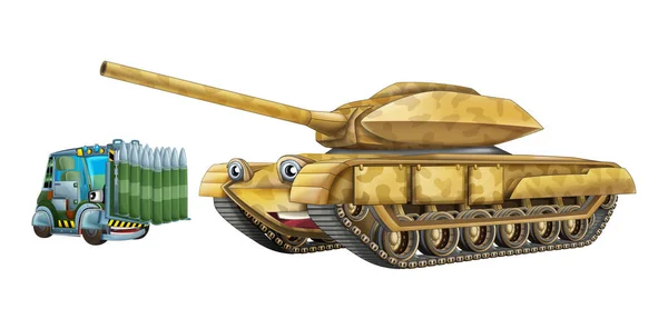 Kreslené Šťastný Zábavný Těžký Vojenský Tank Vozidlo Nákladem Izolované Ilustrace — Stock fotografie