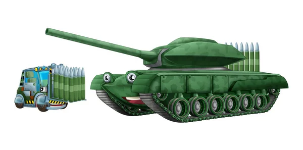 Kreslené Šťastný Zábavný Těžký Vojenský Tank Vozidlo Nákladem Izolované Ilustrace — Stock fotografie