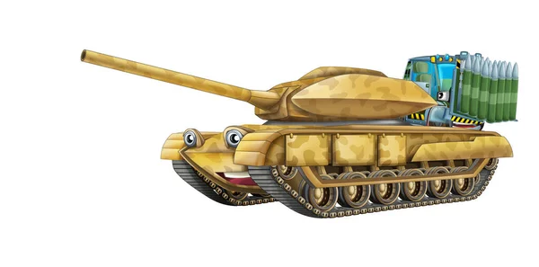 Cartoon Feliz Engraçado Veículo Tanque Militar Pesado Com Carga Isolada — Fotografia de Stock