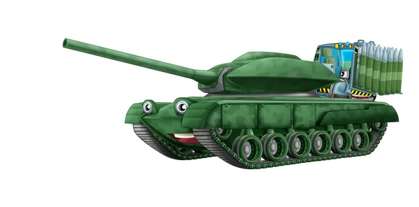 Cartoon Feliz Engraçado Veículo Tanque Militar Pesado Com Carga Isolada — Fotografia de Stock