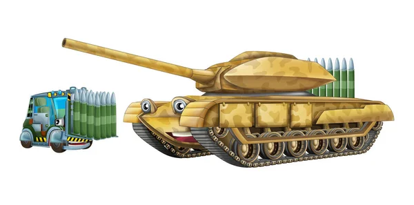 Cartoon Happy Funny Heavy Military Tank Vehicle Cargo Isolated Illustration — Stock Photo, Image