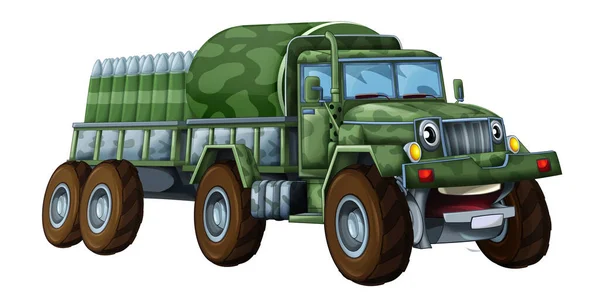 Karikatur Fröhlich Und Lustig Offroad Militärlastwagen Mit Ladung Isolierte Illustration — Stockfoto
