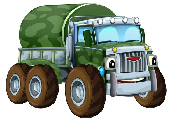 Dibujos Animados Feliz Divertido Vehículo Camión Militar Fuera Carretera Con —  Fotos de Stock