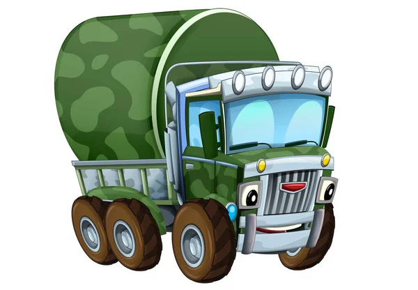Karikatura Šťastný Zábavný Road Vojenské Nákladní Vozidlo Nákladem Izolované Ilustrace — Stock fotografie