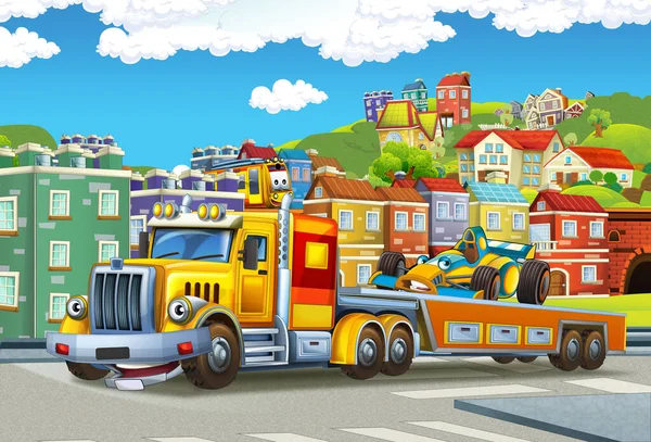 Cartoon Scene Tow Truck Driving Load Other Car City Illustration — Stock Photo, Image