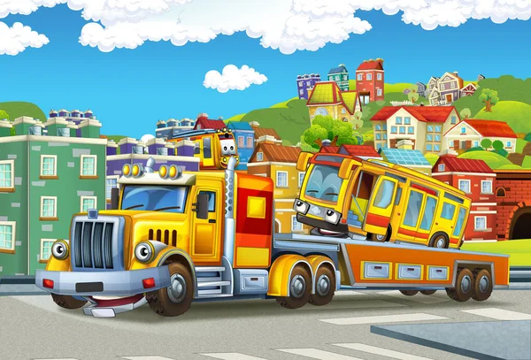 卡通片场景 拖着卡车载着其他车辆在城里为孩子们做图解 — 图库照片