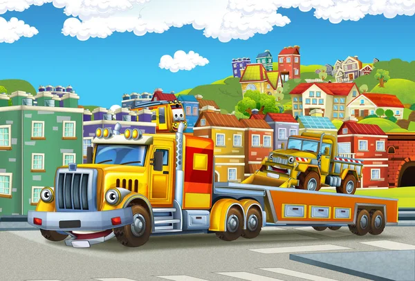 Desene Animate Scena Tractare Camion Conducere Sarcină Altă Mașină Oraș — Fotografie, imagine de stoc