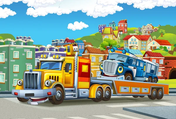Cartoon Scene Tow Truck Driving Load Other Car City Illustration — Stock Photo, Image
