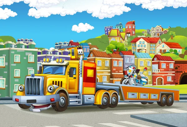 卡通片场景 拖着卡车载着其他车辆在城里为孩子们做图解 — 图库照片