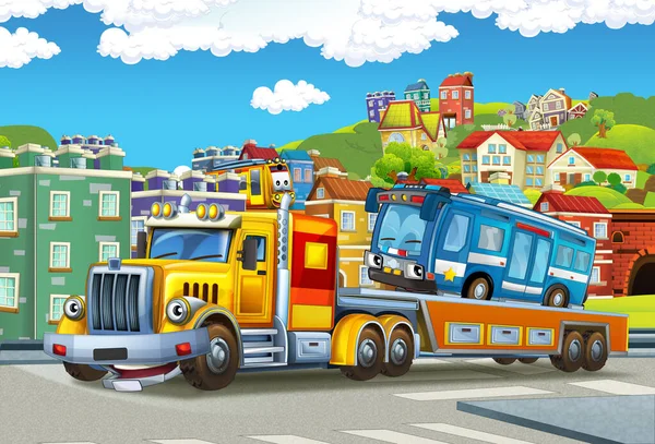 子供のための都市のイラストで他の車をロードして牽引トラックの運転と漫画シーン — ストック写真