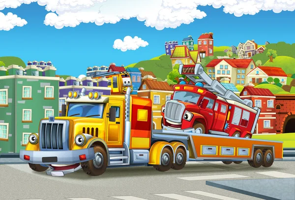 Kreslená Scéna Odtahovým Vozem Řízení Nákladem Jiné Auto Městě Ilustrace — Stock fotografie