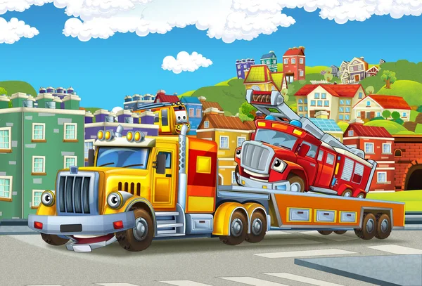 Cartoon Scene Met Sleepwagen Rijden Met Lading Andere Auto Stad — Stockfoto