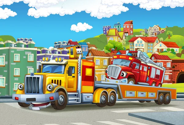 子供のための都市のイラストで他の車をロードして牽引トラックの運転と漫画シーン — ストック写真
