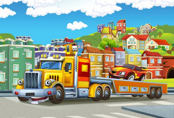 Desene Animate Scena Tractare Camion Conducere Sarcină Altă Mașină Oraș — Fotografie, imagine de stoc