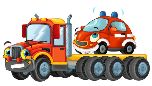 Cartoon Scene Met Sleepwagen Rijden Met Lading Andere Auto Geïsoleerde — Stockfoto