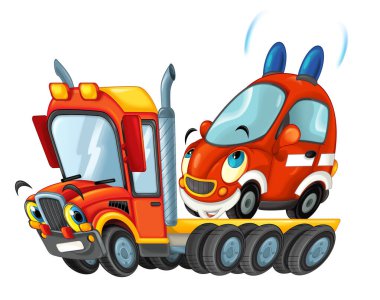 Komik karikatür kamyon sürücüsü diğer arabayla çocuklar için beyaz arkaplan resimlerinde izole edilmiş.