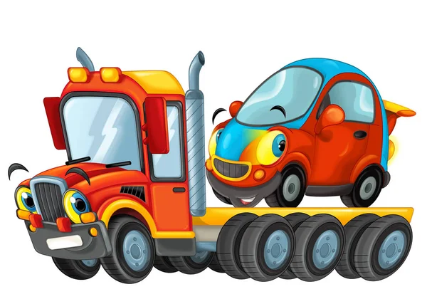 Engraçado Desenho Animado Reboque Caminhão Motorista Com Outro Carro Isolado — Fotografia de Stock