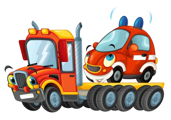 Funny Cartoon Tow Truck Driver Other Car Isolated White Background — Stock Photo, Image