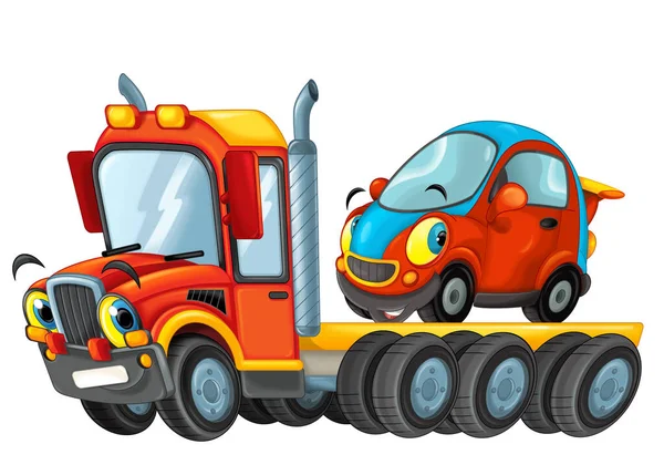 子供のための白い背景イラストに隔離された他の車と面白い漫画牽引トラックの運転手 — ストック写真