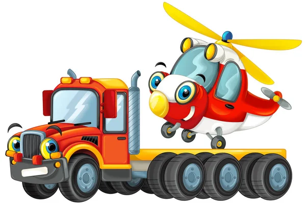 Mutlu Karikatür Kamyon Sürücüsü Diğer Araç Helikopteri Beyaz Arka Planda — Stok fotoğraf