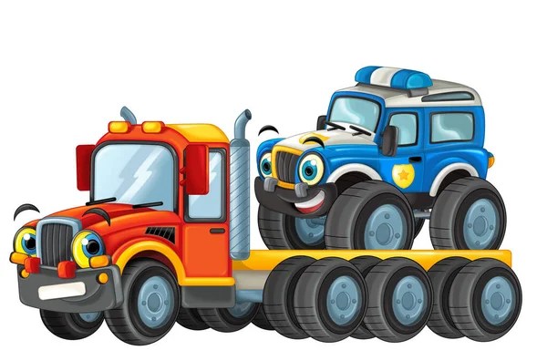 Happy Cartoon Tow Truck Driver Other Vehicle Car Isolated White — Stock Photo, Image