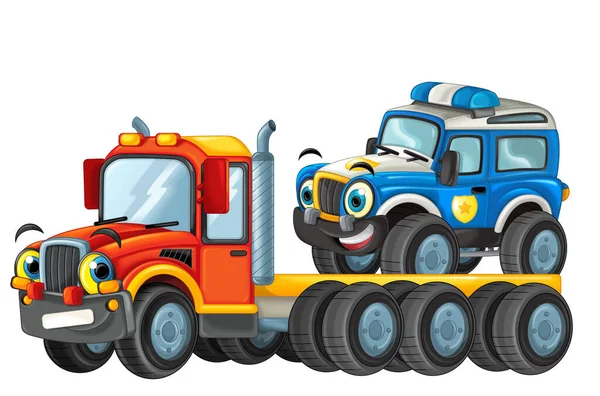 Glücklich Cartoon Abschleppwagen Fahrer Mit Anderen Fahrzeug Auto Isoliert Auf — Stockfoto