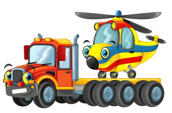 白い背景の子供のイラストに隔離された他の車のヘリコプターと幸せな漫画牽引トラックの運転手 — ストック写真