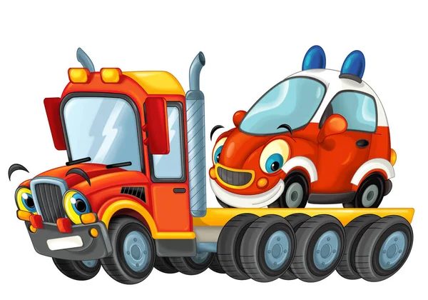 子供のための白い背景イラストに隔離された他の車と面白い漫画牽引トラックの運転手 — ストック写真