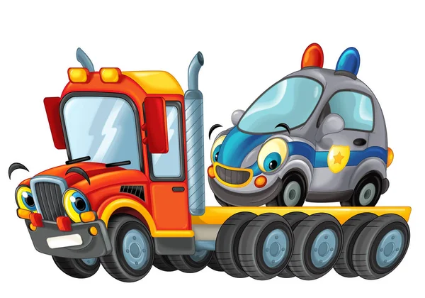 Engraçado Desenho Animado Reboque Caminhão Motorista Com Outro Carro Isolado — Fotografia de Stock