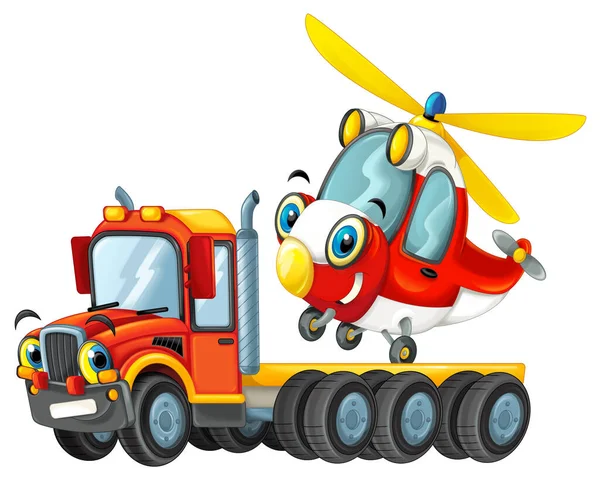Glücklich Cartoon Abschleppwagen Fahrer Mit Anderen Fahrzeug Hubschrauber Isoliert Kinder — Stockfoto
