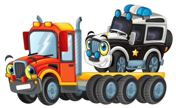 Смішний Мультяшний Евакуатор Вантажівки Інший Автомобіль Ізольовані Дитячі Ілюстрації — стокове фото