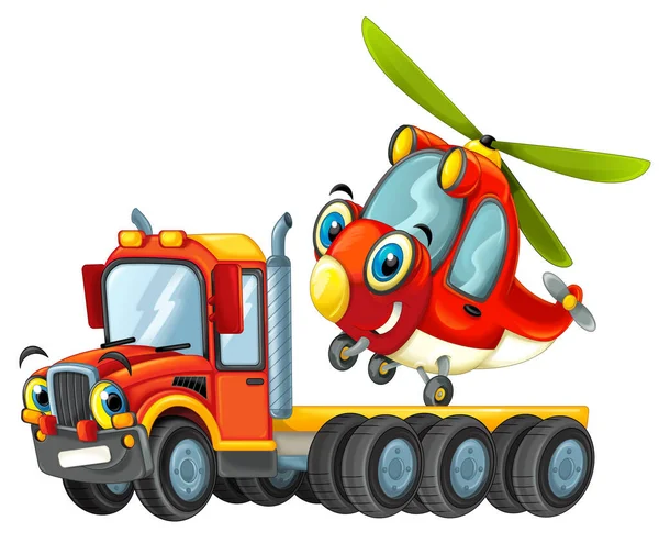 Glücklich Cartoon Abschleppwagen Fahrer Mit Anderen Fahrzeug Hubschrauber Isoliert Kinder — Stockfoto