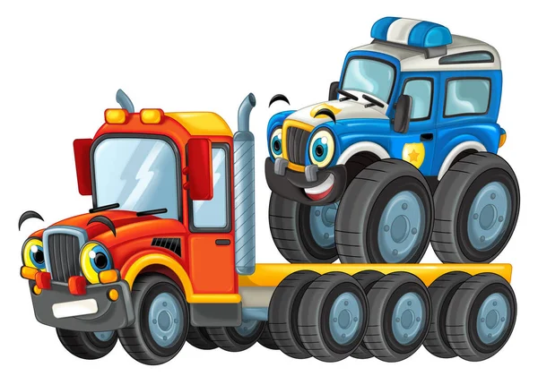 面白い漫画牽引トラックの運転手や他の車の隔離された子供のイラスト — ストック写真
