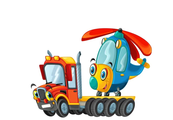 Happy Cartoon Tow Truck Driver Other Vehicle Helicopter Isolated Children — Stock Photo, Image